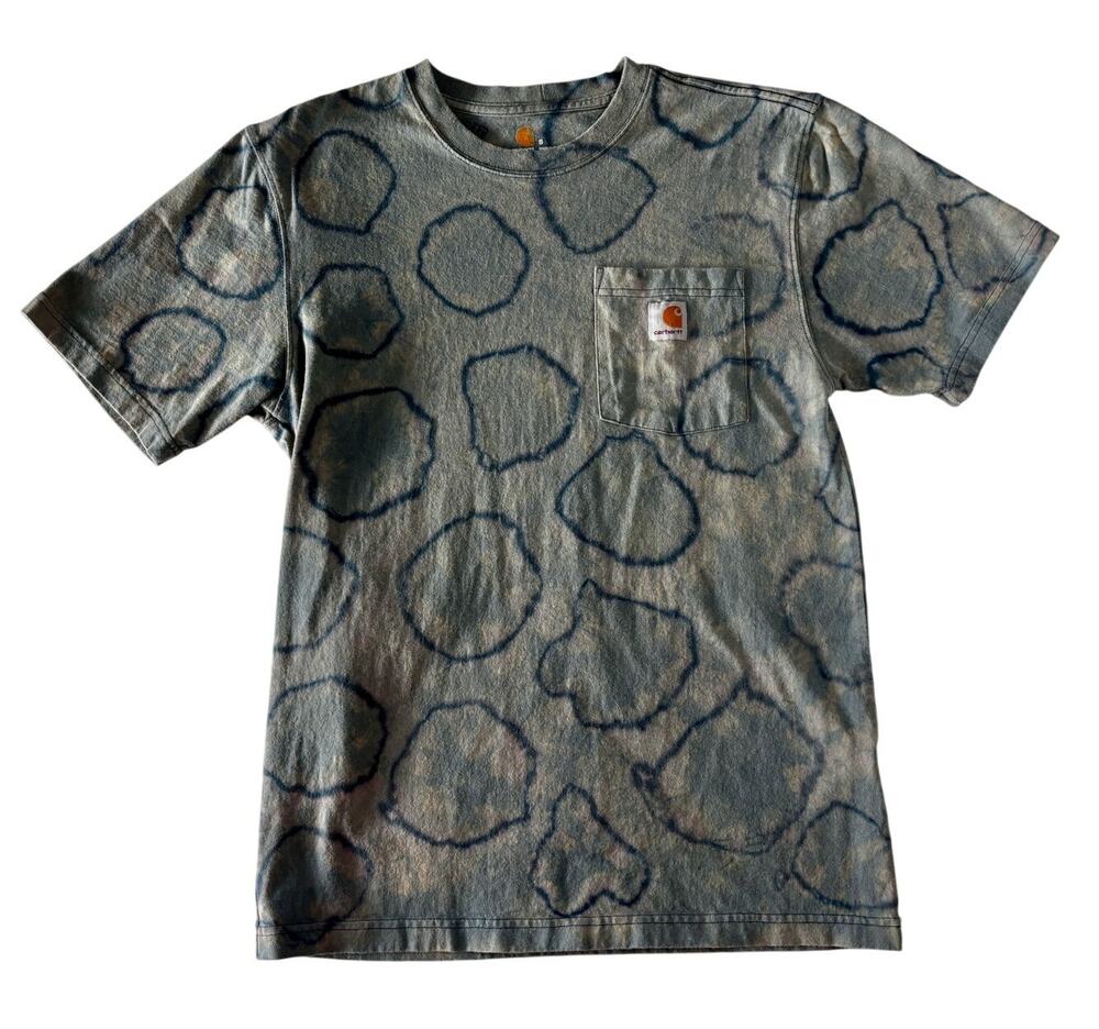 Reworked Carhartt Shibori Bleach Dyed T-Shirt Blue Marbled Small K87